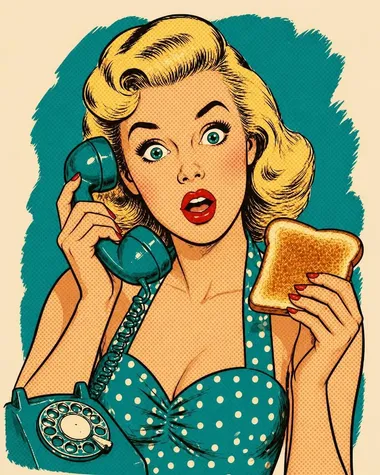 Doris Crumpet, a surprised 1950s pin-up on the telephone, holding up a slice of toast
