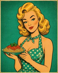 Doris Crumpet presenting a bowl of spaghetti