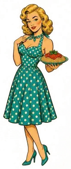 Doris Crumpet presenting a plate of spaghetti